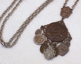 Multiple Religious Charm Pendant Necklace, Repurposed Medals Necklace, CeeCeeDesigns on Etsy