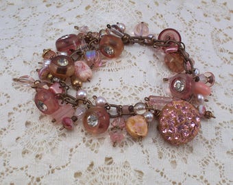 Button Charm Bracelet: Vintage Pink Buttons and Pearl and Bead dangles, CeeCeeDesigns