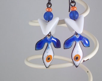 Blue Enamel Earrings: Vintage White Glass, CeeCeeDesigns