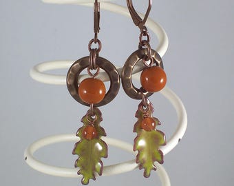 Enamel Oak Leaf Earrings: Copper Circle & Rust Accent, CeeCeeDesigns