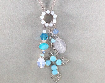 Aqua Opal Glass Cross Necklace: Embellished Pendant