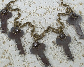 Vintage Key Dangle Necklace: Rhinestone Floral Caps, Steampunk Style