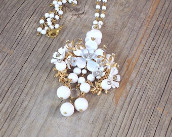 White Bead Necklace: Vintage Jewelry Focal Piece with beaded dangles and strap, CeeCeeDesigns