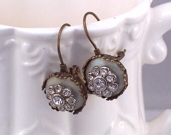 Petite Mother of Pearl Button and Rhinestone Assemblage Earrings, CeeCeeDesigns on Etsy