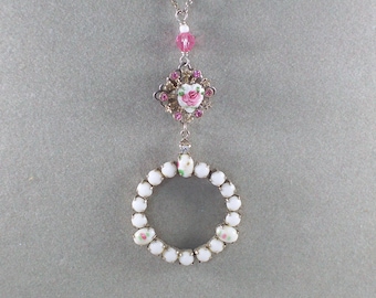 Vintage Floral Milk Glass Necklace: Pink Guilloche Heart Pendant