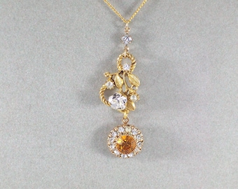 Dainty Vintage Topaz and Clear Rhinestone pendant necklace, CeeCeeDesigns on Etsy