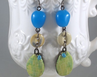 Ceramic Drop Earrings: Turquoise Glass Beads, Vintage Metal Buttons