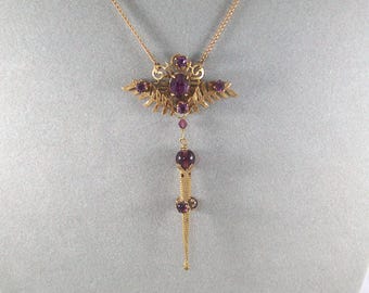 Vintage Brass Amethyst Glass Necklace - Victorian Style, CeeCeeDesigns