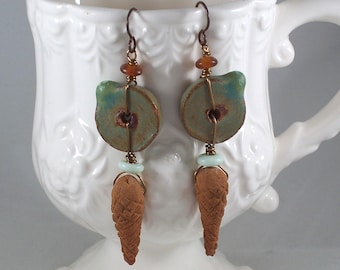 Turquoise and Brown Ceramic Earrings: Niobium Hypoallergenic Earwires, CeeCeeDesigns