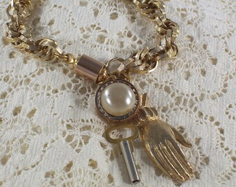 Vintage Chain Bracelet: Gold Chain with Charms and Magnetic Clasp