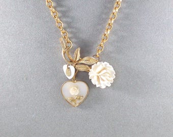 Vintage Rose Heart Necklace: Mother of Pearl Assemblage Pendant