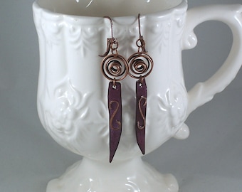 Plum Purple Enamel Earrings: Copper Spiral Dangle Earrings, CeeCeeDesigns