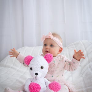 White Crochet Teddy Bear with red details: Handmade Plush Gift with Heart Pillow