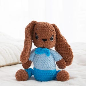 Handmade Crochet Bunny, Stuffed Rabbit with Blue Outfit, Unique Gift for Kids, Baby Shower gift, Cuddly Amigurumi Bunny, Plush Easter gift