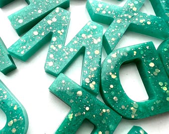 Blue Green Turquoise Upper Case Resin Alphabet Letters: Montessori Learning Toy