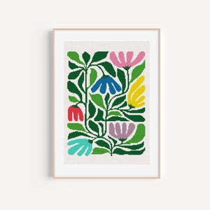 Patrón de punto de cruz de flores estilizadas modernas: bordado floral minimalista en PDF, arte mural natural fácil de hacer por uno mismo, diseño botánico contemporáneo