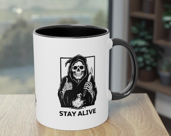 GMS Stay Alive Grim Reaper Gaming Mug – Dark Humor, Gamer Coffee Mug, Ceramic, Unisex Gaming Mug, Battle Royale, Survival Gift