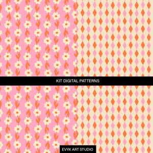 May include: A digital pattern kit featuring two distinct designs. The left side displays vertical rows of white flowers with orange stems on a pink background. The right side shows a diamond grid in orange and pink on a cream background.