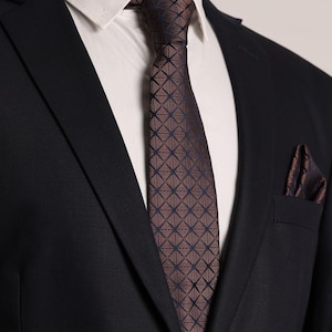 Hand Made Brown Navy Blue Patterned 7.5 cm. Handkerchief Tie, Special Day Tie, Engagement Tie, Gift Tie, Business Tie