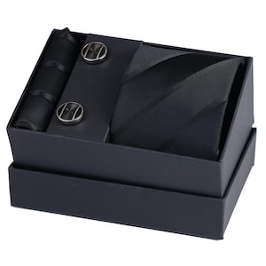 Esgue handgemachtes schwarzes Taschentuch Krawatte & Manschettenknopf Geschenkset, Hochzeitskrawatten, Geschenk für ihn, Geschenk für Männer, Geschenk für Ehemann