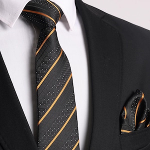 Hand Made Gold Black Striped Pattern 7.5 cm Handkerchief Tie, Special Occasion Tie, Wedding Tie, Gift Tie, Business Tie