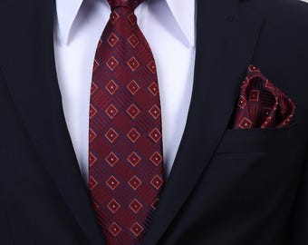 Burgundy Red Geometric Tie & Pocket Square Set | 8cm Wide | Gift Box Included