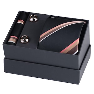 Esgue Handmade Schwarz Braun Rosa Taschentuch Krawatte & Manschettenknopf Geschenk Set, Krawatte Geschenk, Hochzeitskrawatten, Geschenk für Ihn, Geschenk für Männer, Geschenk für Mann