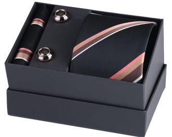 Handmade Striped Polyester Tie & Cufflink Set, Gift Box