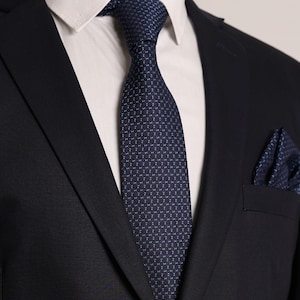 Hand Made Navy Blue Color Small Patterned 7.5 cm. Handkerchief Tie, Special Day Tie, Engagement Tie, Gift Tie, Business Tie,