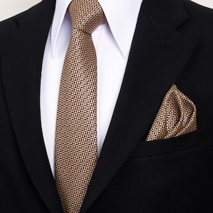 Può includere: Primo piano di un abito nero con camicia bianca, cravatta fantasia e pochette abbinata. La cravatta e la pochette presentano un motivo geometrico ripetuto nei toni del marrone, nero e beige.