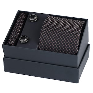 Esgue Handmade Schwarz Braun Taschentuch Krawatte & Manschettenknopf Geschenk Set, Krawatte Geschenk, Hochzeit Krawatten, Geschenk für Ihn, Geschenk für Männer, Geschenk für Mann