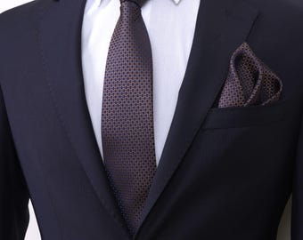 Hand Made Brown-DarkBlue Patterned 8 cm Handkerchief Tie, Gift Tie, Men's Gift, Classic Wide Tie, Business Tie, Special Occasion Tie