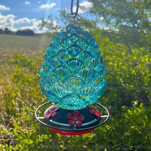 May include: A turquoise glass hummingbird feeder with a textured, pinecone-like design. The feeder has a black base with red accents and decorative red flowers. A black cord is attached for hanging.