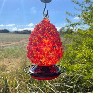 May include: A vibrant red and yellow glass hummingbird feeder with a textured, pinecone-like design. The feeder has a black metal base with red accents and a circular perch. It hangs from a black hook.