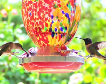 Colorful Blown Glass Hummingbird Feeder: Garden Decor Gift
