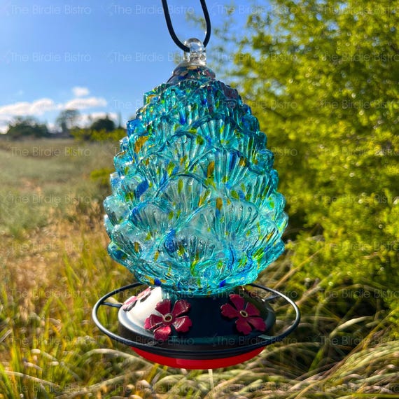 Blue Pinecone Glass Hummingbird Feeder, Garden Bird Attractor, Outdoor Decor