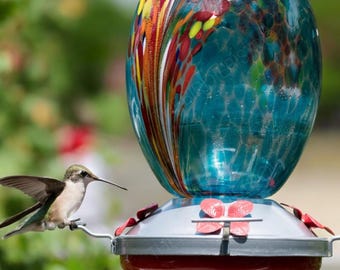 Colorful Blown Glass Hummingbird Feeder: Garden Decor Gift