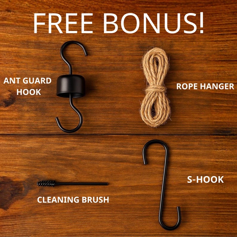 May include: Image of a collection of accessories, including an ant guard hook, rope hanger, cleaning brush, and S-hook. The items are black and brown, with the text "FREE BONUS!" in white.