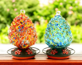 Blown Glass Pinecone Hummingbird Feeder: Garden Decor
