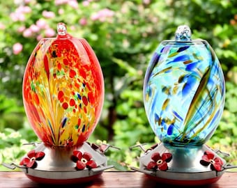 Blown Glass Hummingbird Feeder: Colorful Garden Decor
