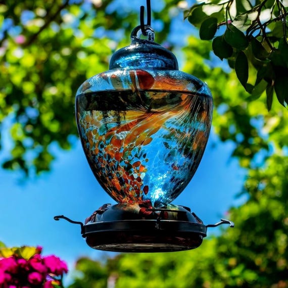 Colorful Glass Hummingbird Feeder: Weather-Resistant Garden Decor