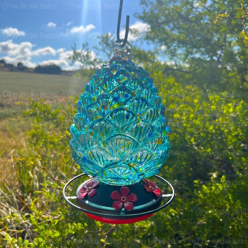 May include: A turquoise glass hummingbird feeder with a textured, pinecone-like design. The feeder has a black base with red accents and decorative red flowers. A black cord is attached for hanging.