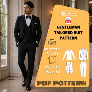 Könnte beinhalten: Ein schwarzer Dreiteiler mit weißem Hemd und schwarzer Fliege. Das Bild enthält eine gelbe Grafik mit dem Text "GENTLEMAN TAILORED SUIT PATTERN" und Größenangaben für das Schnittmuster.