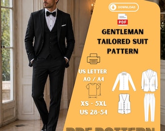 Patrón de costura para traje formal de esmoquin negro para hombre en formato PDF: chaqueta, pantalón y chaleco.
