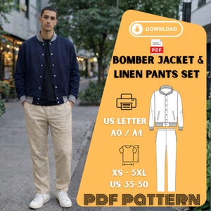 Puede incluir: Una chaqueta bomber azul marino con ribete gris, combinada con pantalones de lino beige. La imagen incluye un patrón PDF descargable para un conjunto de chaqueta bomber y pantalones de lino, disponible en tallas XS-5XL y tallas US 35-50.