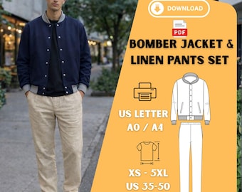 Mens Bomber Jacket and Linen Pants PDF Pattern Set XS-5XL A0 A4 Printable