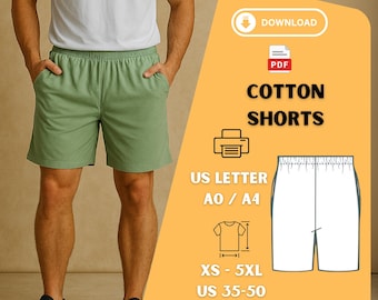 Men's Elastic Waist Shorts Sewing Pattern PDF: XS-5XL, US Letter, A0
