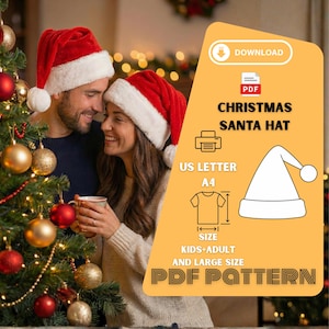 以下が含まれることがあります： クリスマスツリーのそばで、赤と白のサンタ帽をかぶったカップル。画像には「CHRISTMAS SANTA HAT」と「PDF PATTERN」のテキストを含むグラフィックが含まれています。パターンは、子供、大人、およびラージサイズ向けに、USレターとA4サイズで利用できます。