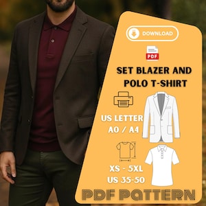 Op de afbeelding: Een man draagt een donkerbruine blazer over een bordeauxrode poloshirt. Een oranje afbeelding toont een blazer- en poloshirtpatroon, met de tekst "SET BLAZER AND POLO T-SHIRT", "US LETTER", "XS - 5XL" en "US 35-50".