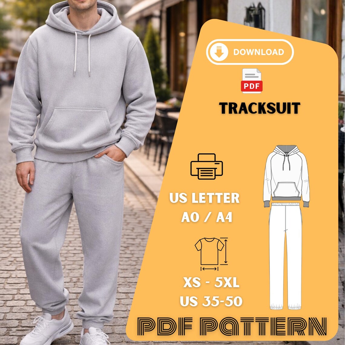 Traccksuit Pattern Mens Grey Tracksuit Sewing Pattern Hoodie Jogger Set PDF XS 5XL - Etsy